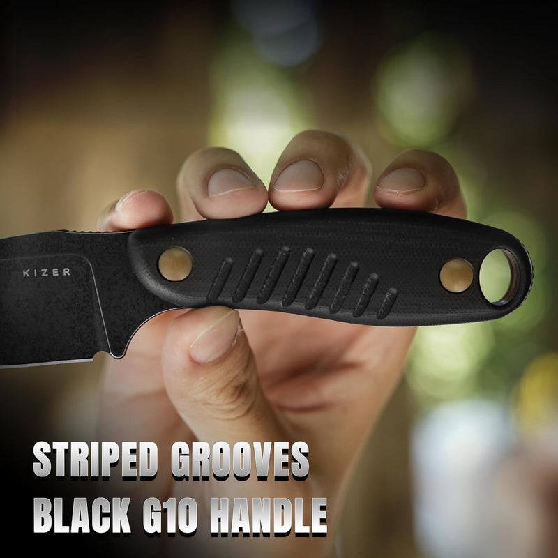 KIZER Hare Fixed Blade Knife with Sheath, 3.14" D2 Steel Blade EDC Fixed Blade Hunting Knives with Black G10 Handle, Small Bushcraft Survival Neck Knives, Outdoor Camping Knife for Men Women, 1077M1 - Image 5